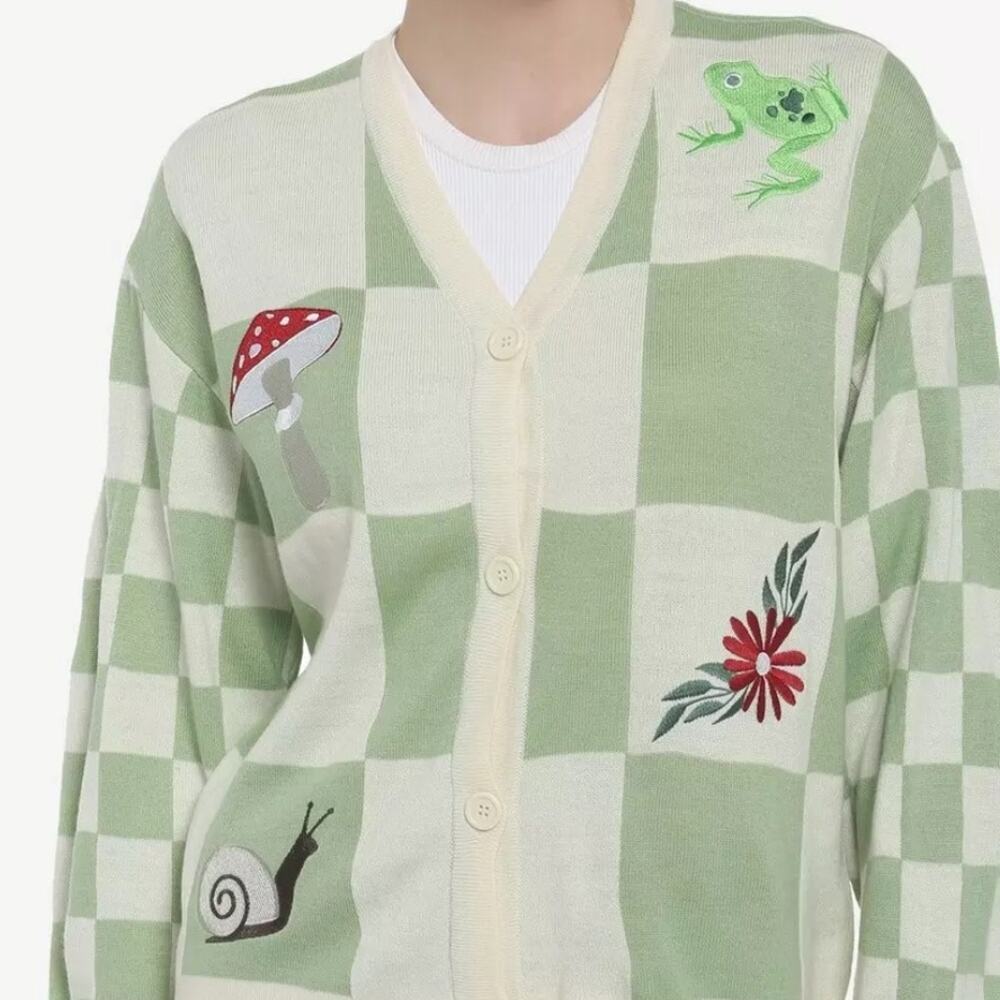 Hot Topic Thorn & Fable‎ Cottagecore Embroidered Check Cardigan S Green Ivory - Picture 7 of 8